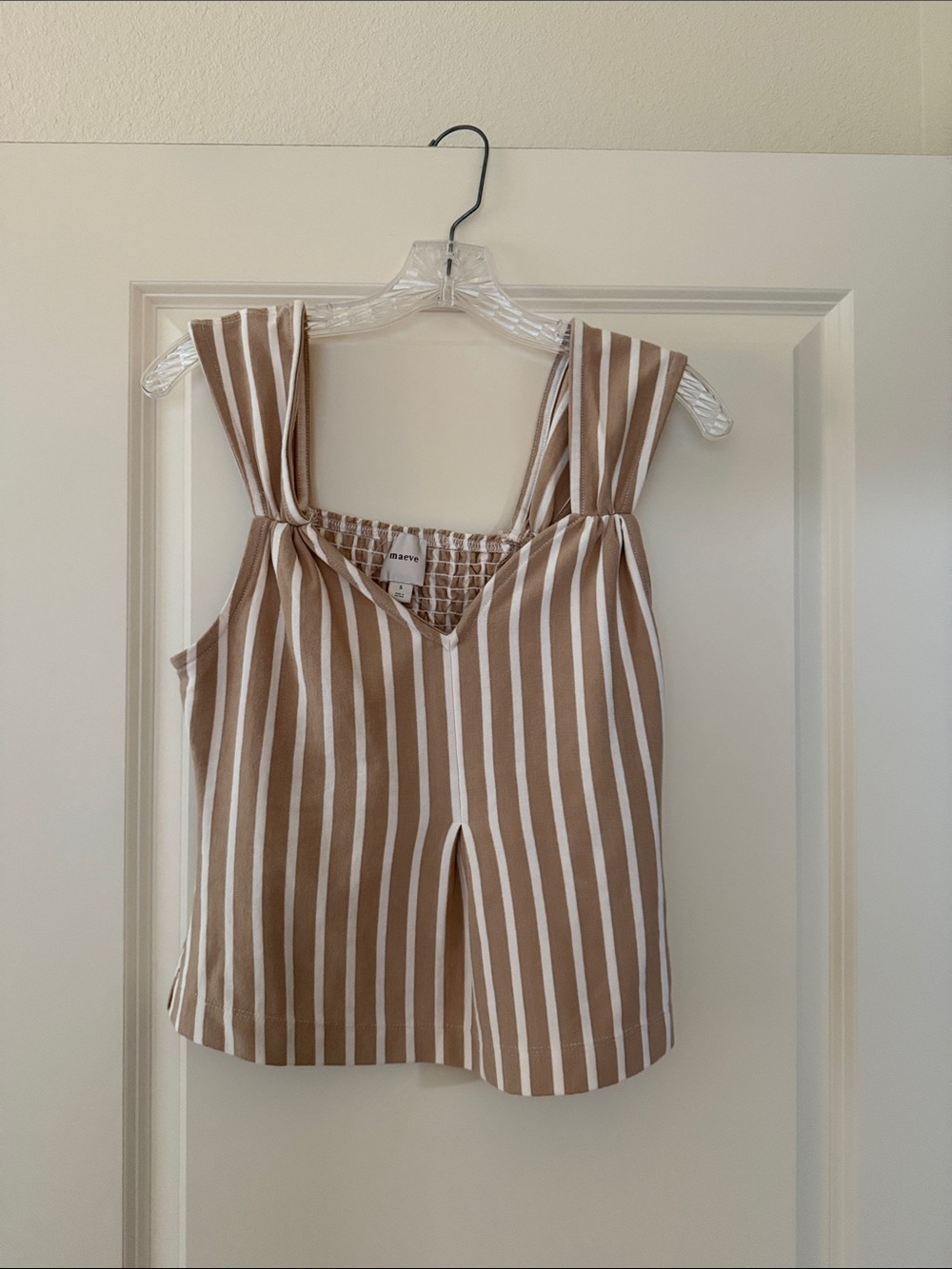 Maeve Striped Brown & White Sleeveless Square-Neck Top